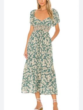 Free People Sage Green Floral Puff Sleeve Midi Dress